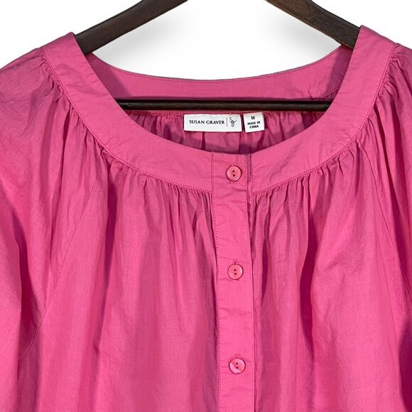 Susan Graver Tunic Blouse Women‎ Size M Pink Raglan 3/4 Sleeve Button-Front - Picture 6 of 13